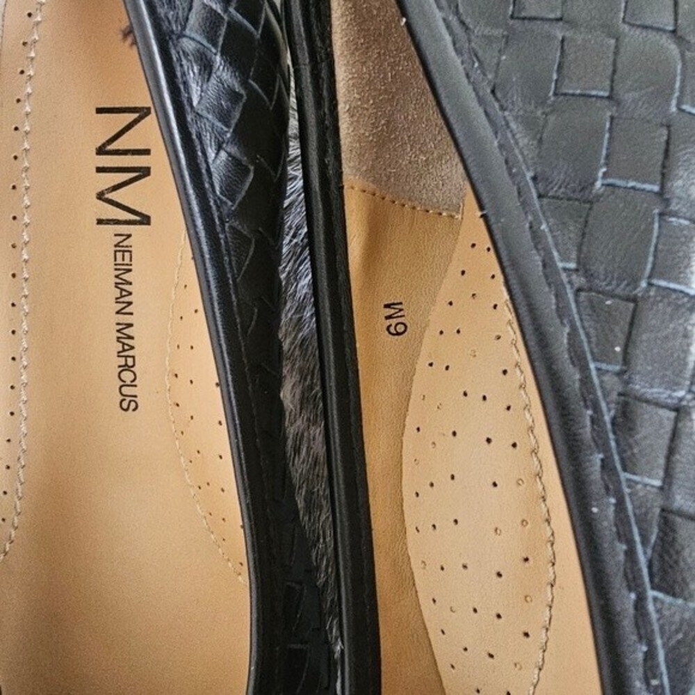 Neiman Marcus Silex Napa Leather Woven Braided Black Flats Shoes - Picture 6 of 11